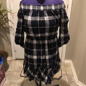 Off the shoulder blue plaid dress